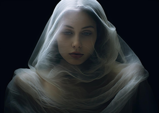 Photo a surrealistic portrait of a woman her face partially obscured by a veil of flowing fabric the