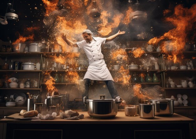 Foto uno scatto surreale di uno chef che levita sopra un fornello circondato da ingredienti fluttuanti e