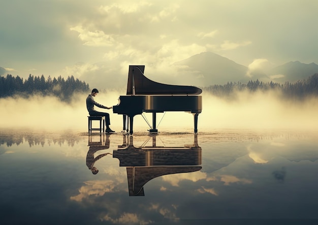 Photo a surrealistic shot of a pianist playing on a floating piano in the middle of a serene lake with a