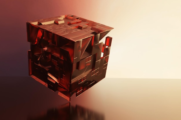 Surrealistic technological interstellar cube over red background