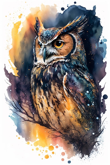 Surrealistic watercolor illustration of an owl Owl in the wildlife