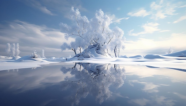 Surrealistic winter landscape chrome elements throughout the scene