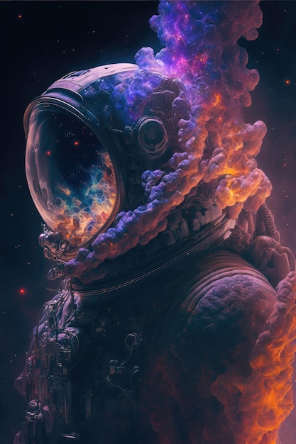 Surrealistisch beeld van astronaut met zwevende intrinsieke iriserende in nevel