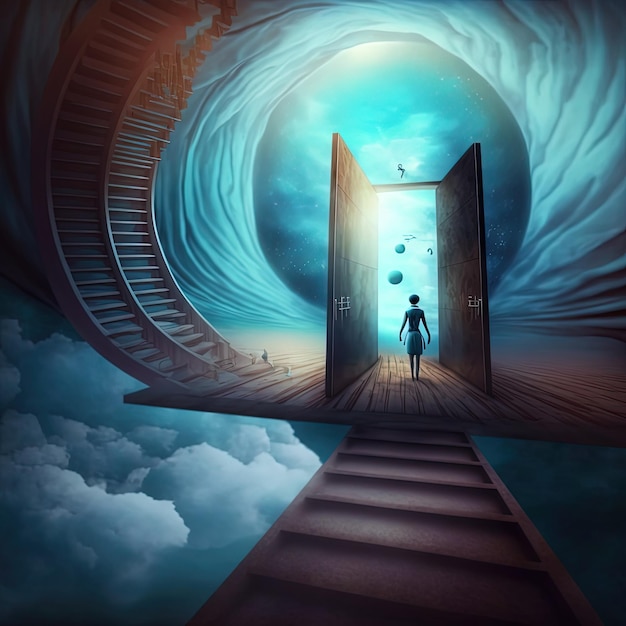 Foto surrealistisch beeld van een droom in een droom met open deur naar een andere dimensie