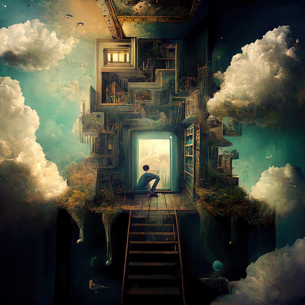Surrealistisch beeld van een droom in een droom met open deur naar een andere dimensie