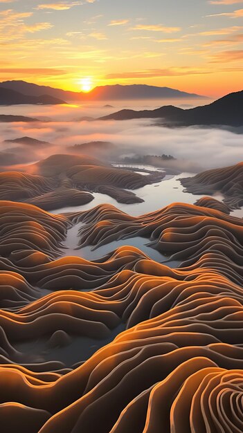 Surrealistisch berglandschap met terrasvormige rijstvelden en mistig bos bij zonsopgang