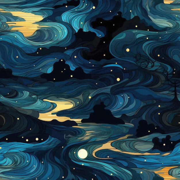 Surrealistisch blauw sterrennacht behang met organische vloeiende lijnen