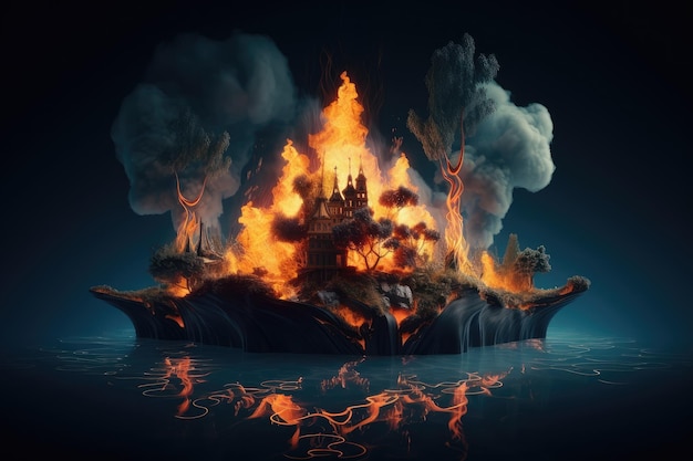 Surrealistisch drijvend eiland met laaiend vuur en rook omringd door donkere, verwrongen bomen