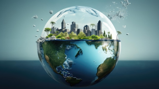 Surrealistisch ecologisch beeld van onze planeet bedekt met water in een glazen bol