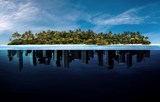Surrealistisch eenzaam eiland en de verbazingwekkende wereld van de verlaten zeestad
