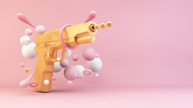 Surrealistisch gouden pistool op roze achtergrond 3D-rendering