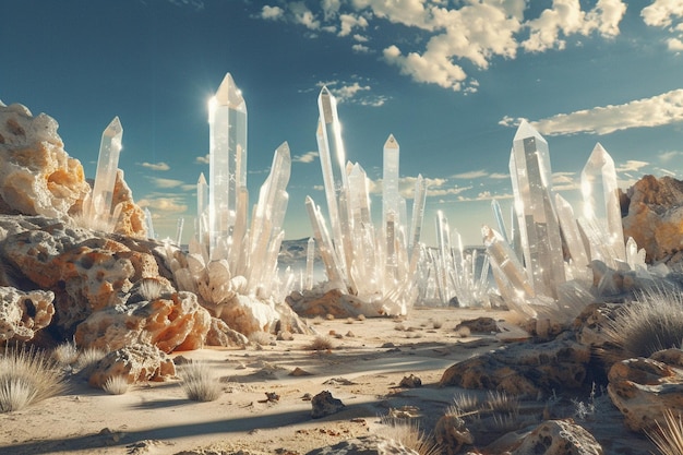 Surrealistisch landschap met gigantische kristallen die uit