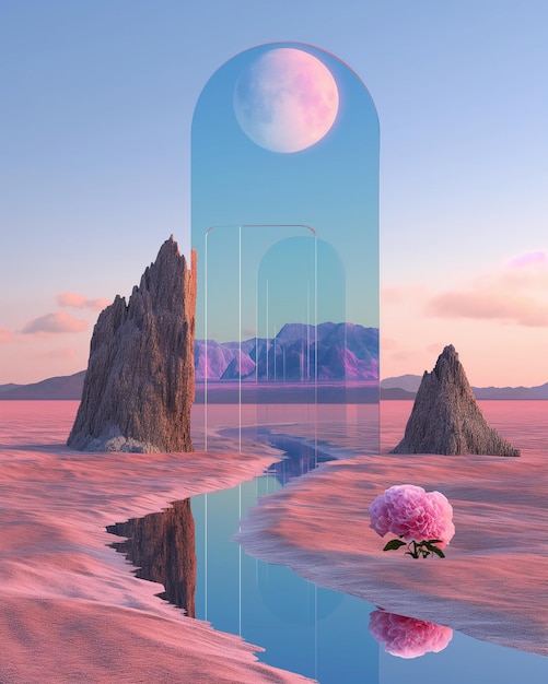 Surrealistisch landschap met maanportaal en bloem Generative Ai