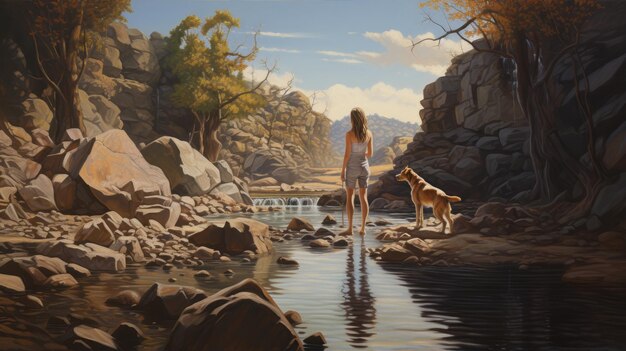 Foto surrealistisch landschap schilderij vrouw en hond verkennen waterweg