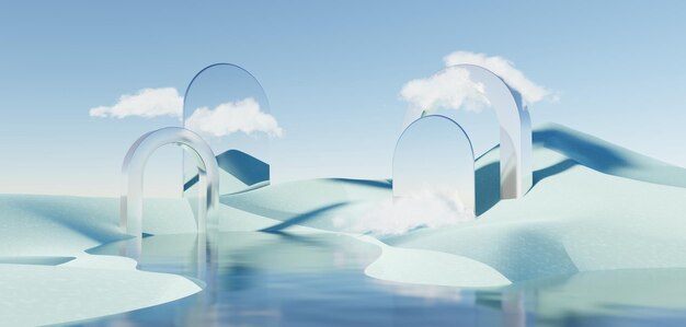 Surrealistisch mooi droomland achtergrond abstract duin in winterseizoen landschap met geometrische boog fantasie eiland landschap met water en natuurlijke bewolkte hemel metalen spiegel boog 3d render