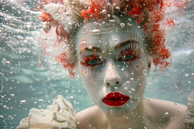 Surrealistisch onderwaterportret van een vrouw met rood haar en levendige make-up omringd door bubbels