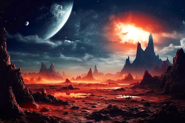Surrealistisch onrealistisch landschap op buitenaardse planeet