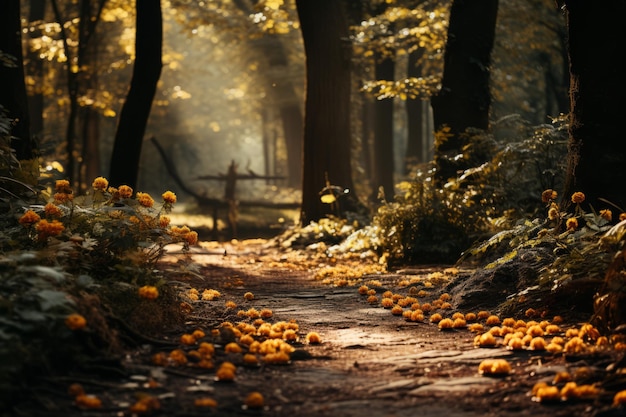 Surrealistisch pad van dankbaarheid in het bos met verbazingwekkend licht 3d illustratie 3d render