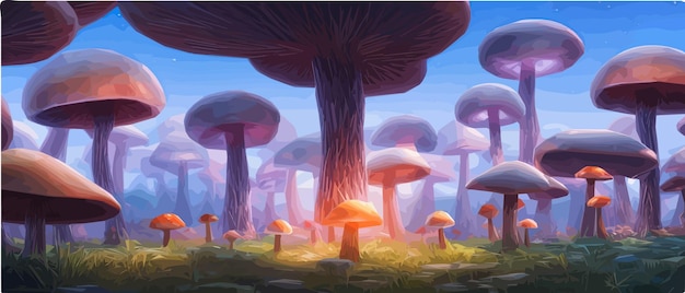 Surrealistisch paddestoellandschappen fantasie wonderland landschap met maanpaddestoelen vector illustratie Dromerige fantasie