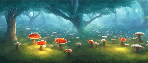 Surrealistisch paddestoellandschappen fantasie wonderland landschap met maanpaddestoelen vector illustratie Dromerige fantasie