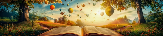 Surrealistisch panoramisch landschap met drijvende ballonnen en een open boek