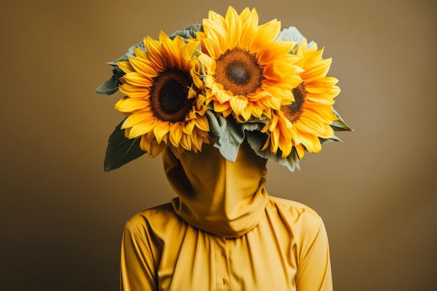 Surrealistisch portret met zonnebloemen voor een hoofd op mosterd achtergrond