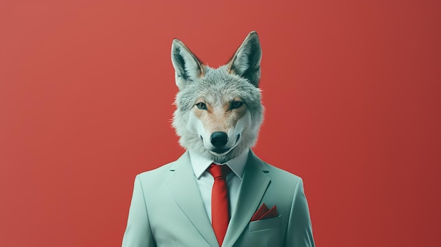 Foto surrealistisch portret van een coyote in een pak tegen een levendige rode achtergrond
