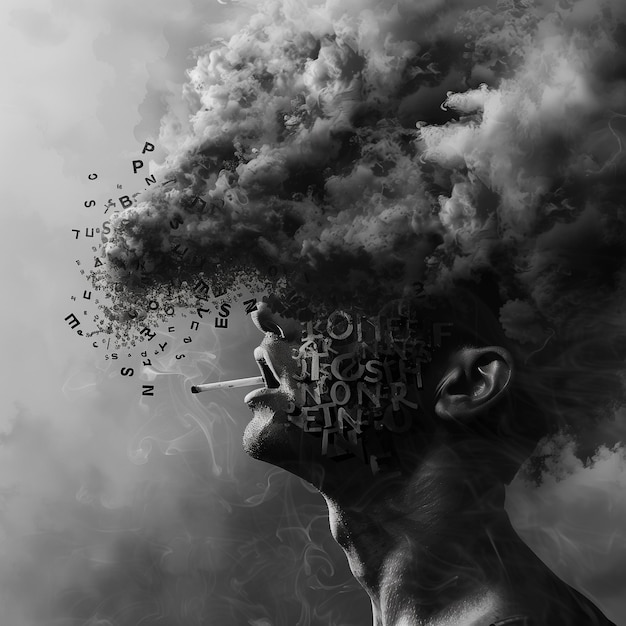 Surrealistisch portret van een hoofd van een persoon met getallen en rook Ideaal voor denk- en creatieve concepten