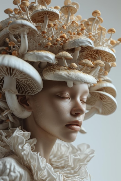 Foto surrealistisch portret van een vrouw versierd met paddenstoelen