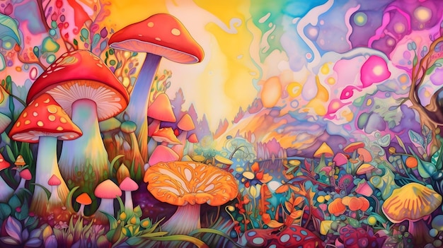 Surrealistisch psychedelisch landschap fantastische paddenstoelen