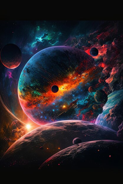 Foto surrealistisch ruimtebeeld met kleurrijke planetaire lichamen