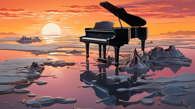 Surrealistisch schilderij van smeltende zwarte piano op het strand