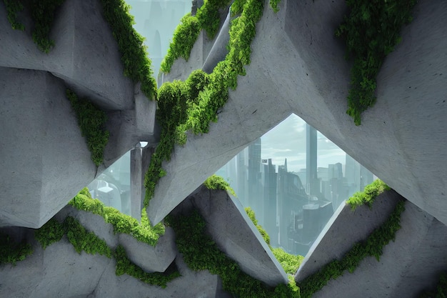 Surrealistisch stadsbuitenbeton met planten digitale illustratie