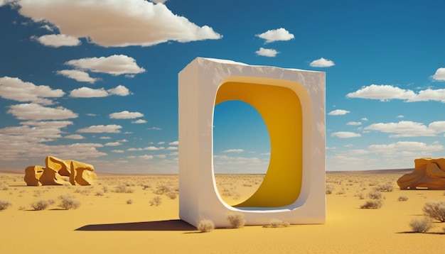 Surrealistisch woestijnlandschap met witte wolken die de gele vierkante portalen binnengaan op zonnige dag Ai generatief