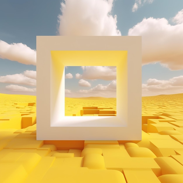 Surrealistisch woestijnlandschap met witte wolken die op zonnige dag de gele vierkante portalen binnengaan Moderne minimale abstracte achtergrond