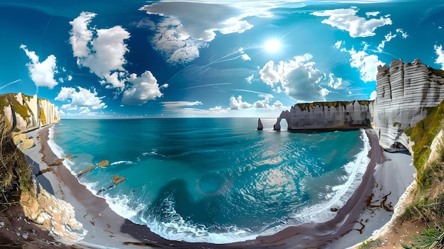 Surrealistisch zeelandschap in panoramische weergave Levende blauw die de scène domineert Een artistieke digitale creatie voor achtergronden en behang Rustige en dromerige sfeer AI