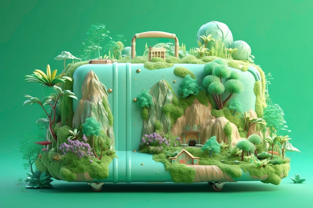 Surrealistische 3D-landschapsillustratie van een bosrivier met bagage in lichtgroen en lichtblauw AI generatief