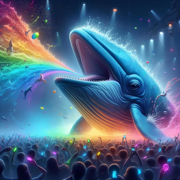 surrealistische afbeelding van een walvis op een rave 1