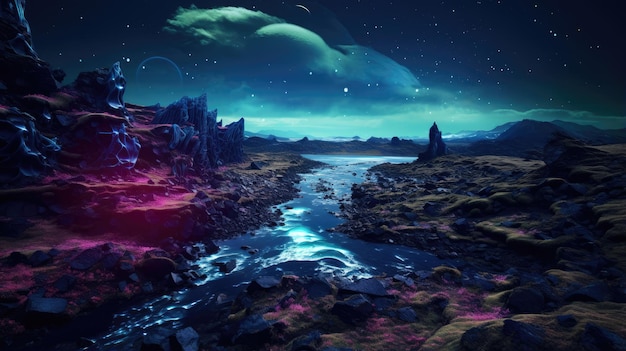 surrealistische buitenaardse planeet landschap sci fi desktop achtergrond van rotsachtige terreinen kristallijne luminescente