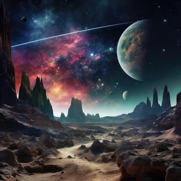 surrealistische buitenaardse planeet landschap sci fi desktop achtergrond van rotsachtige terreinen kristallijne luminescente