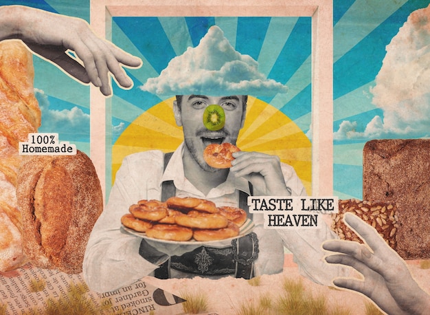 Surrealistische collage van gelukkige mensen die genieten van eten en drinken