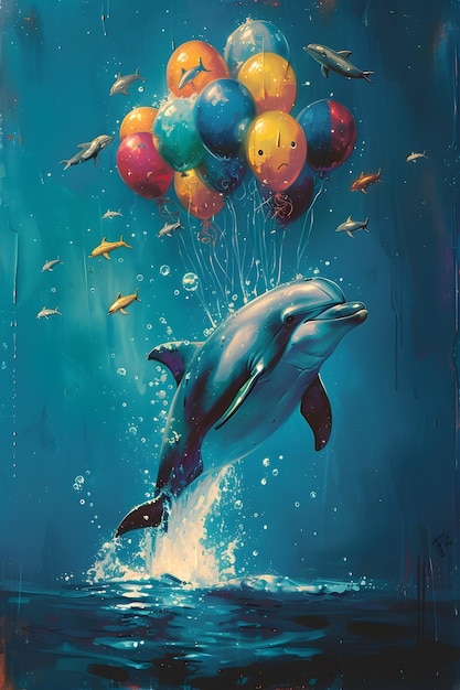 Surrealistische dolfijnen breken met achtervolgende ballon wezens in een levendig Cerulean zeegebied
