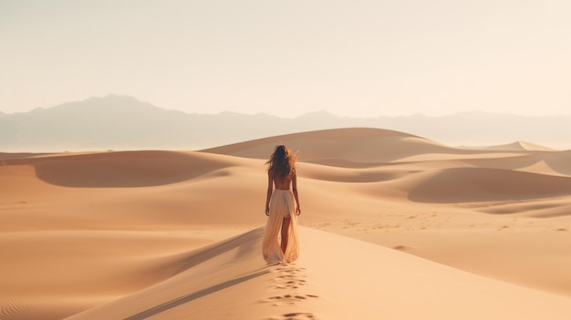 Surrealistische filmische minimalistische shot vrouw in de duinen