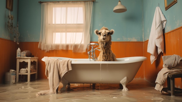 Surrealistische fotografie Kameel in een groot bad met shirt met lange mouwen