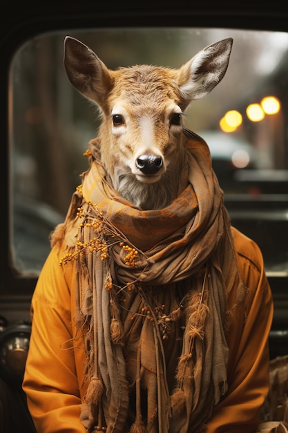 Surrealistische hybride wezens Elaphocentaurs half vrouw half hert in de mythologie zitten in een auto winter