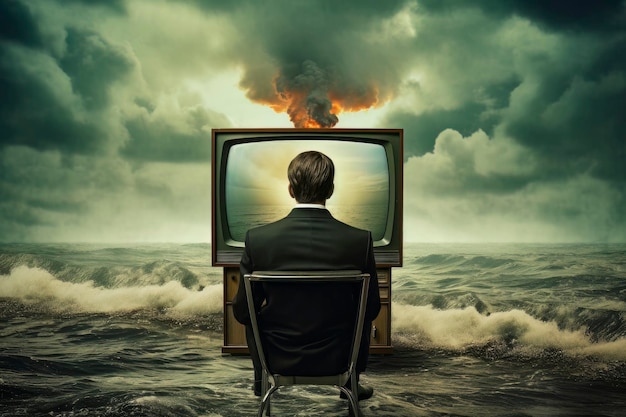 Surrealistische illustratie van een man die televisie kijkt vanaf de zee met een nucleaire explosie achter zich