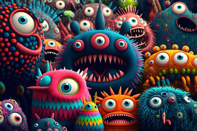 Surrealistische kleurrijke pluizige wezens monsters veel toothy en bigeyed gekleurde wezens griezelige bacteriën microben illustratie