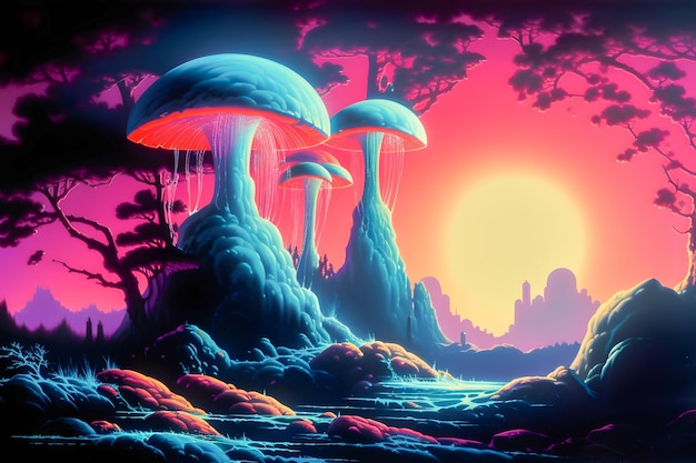 Surrealistische landschap jaren 80 airbrush stijl droom illustratie