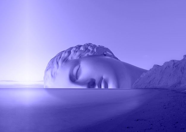 Surrealistische moderne conceptuele kunstposter met oud standbeeldgezicht van slapende Venus op een hemel en zeeachtergrond. Collage van hedendaagse kunst.