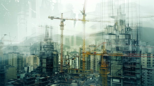 Surrealistische overlay van een drukke bouwplaats met stadsbeeld op de achtergrond